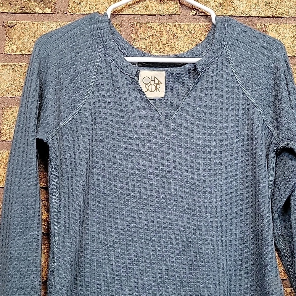 Chaser Textured Waffle Knit Blue Green Long Sleeve Top Size Small Casual Stretch - Picture 8 of 12